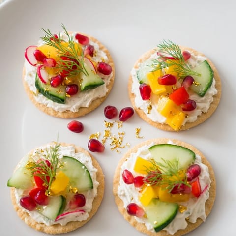 Colorful holiday appetizer: Creamy cheese topped ornament-shaped cracker toppings with pomegranate seeds and edible sprinkles.