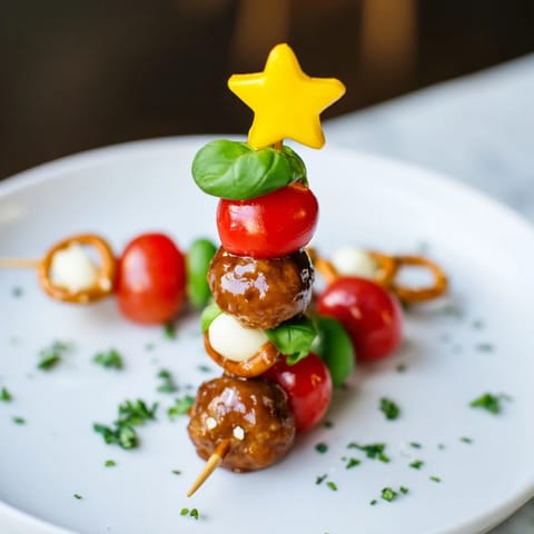 Savory Bites: Mini meatball Christmas Trees feature stacked meatballs and basil, delightful festive party food perfect for sharing.