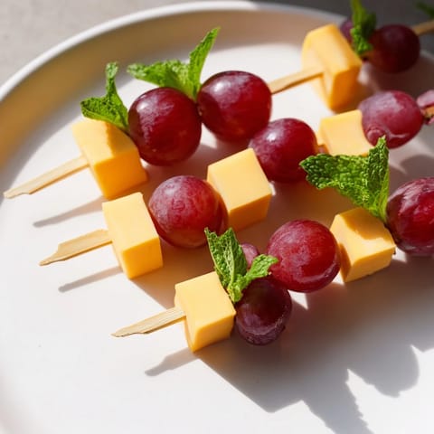 Fresh Cheese & Grape Skewers arranged on a platter ready for sharing at a summer gathering.