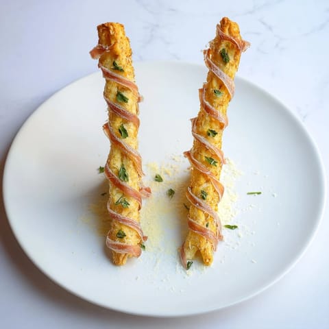 Draped prosciutto creates a yummy Golden Gate bridge appetizer, ready to share with friends and family.