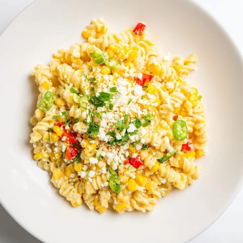 Golden fusilli pasta with vibrant corn, lime, and cotija cheese in this delicious One-Pot Mexican dish.