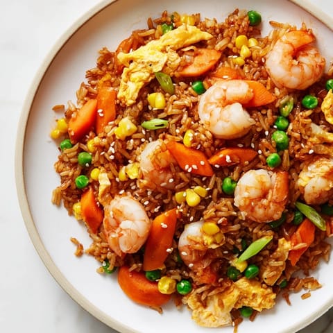 Golden shrimp fried rice with tender shrimp and vibrant vegetables, a quick weeknight meal.