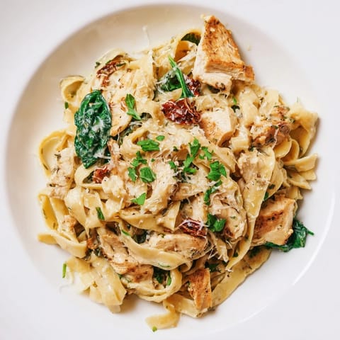 A flavorful plate of creamy Tuscan Chicken Pasta, showcasing sliced chicken and a rich Parmesan sauce.