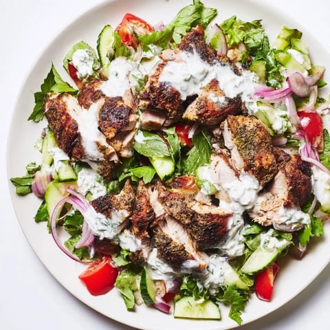 Juicy grilled Chicken Shawarma Salad nestled among fresh vegetables and herbs, drizzled with tangy Greek yogurt dressing for a flavorful main dish.