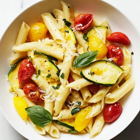 Fresh basil and Parmesan top a steamy bowl of Garden Veggie Pasta, a light summer vegetarian main dish.