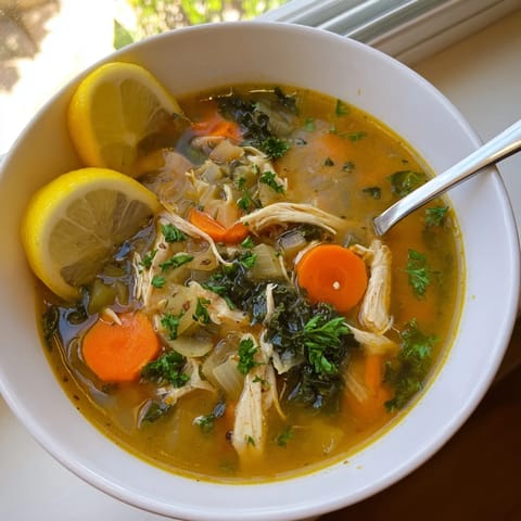 This vibrant High Protein Lemon and Turmeric Chicken Soup garnished with fresh parsley and lemon wedges simmers in a rustic pot, ideal for a cozy, healthy dinner.