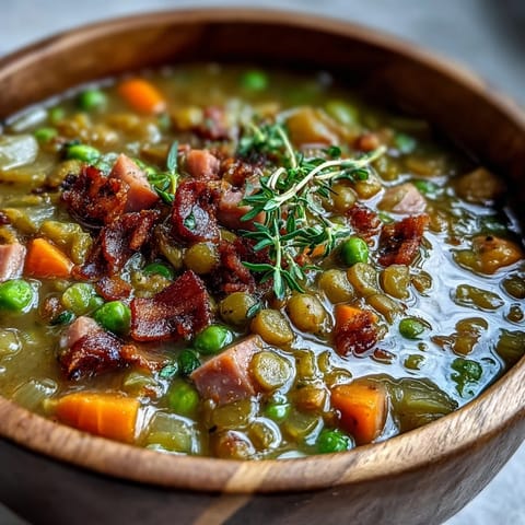 Savory Split Pea and Ham Soup, thick with tender peas and ham.