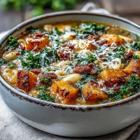 Hearty Fall Minestrone soup with golden butternut squash and creamy white beans.