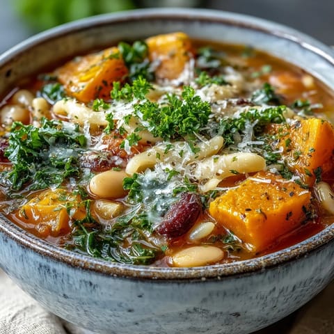 Winter Minestrone Soup With Butternut Squash and Kale simmers in a rustic pot with beans and pasta in rich tomato broth.  