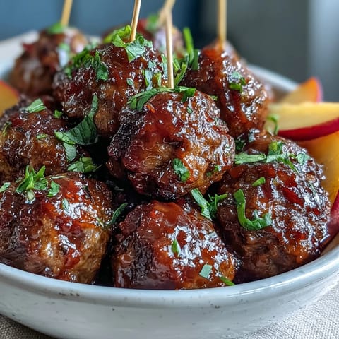 Tender, juicy Peach Glazed Meatballs served from a slow cooker, ideal for a game day appetizer spread.
