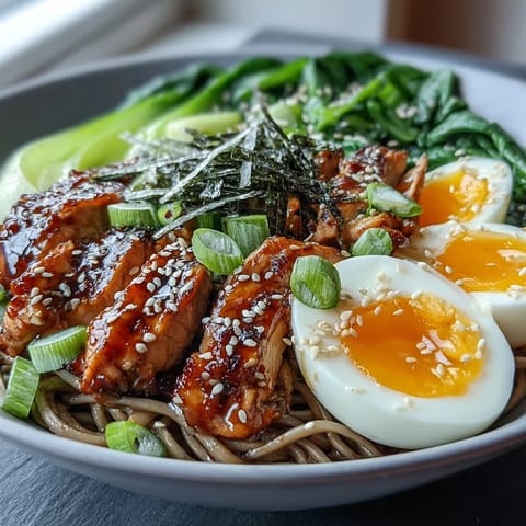 Healthy Miso Chicken Noodle Bowls topped with sliced chicken, soft-boiled eggs, scallions, and sesame seeds.