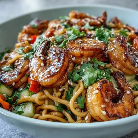Succulent grilled shrimp rest on sesame noodles with crisp cucumber, carrot, and cilantro in a white bowl.