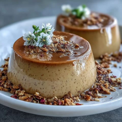 Homemade Hojicha Panna Cotta unmolded onto a plate, showcasing a smooth, roasted tea custard with a dollop of whipped cream.