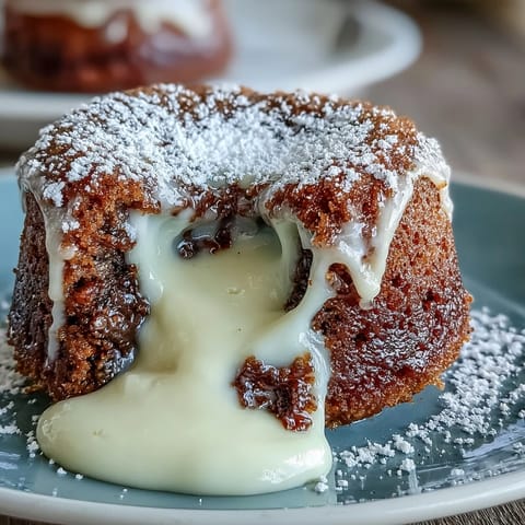 Warm Hojicha White Chocolate Lava Cake sliced open to reveal the creamy, molten green tea center, topped with fresh berries and powdered sugar.