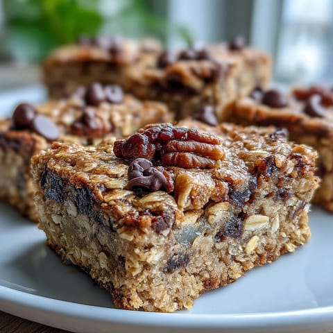 Golden brown Baked Oatmeal Bars are sliced into squares, ready for a quick breakfast or healthy afternoon snack.
