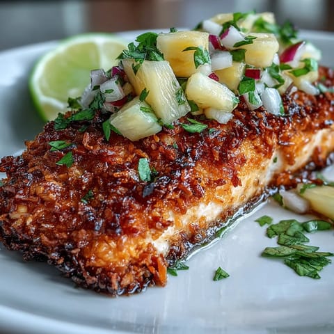 Crisp coconut panko crusted salmon resting on a bed of pineapple salsa, red onion, and cilantro for a vibrant meal.