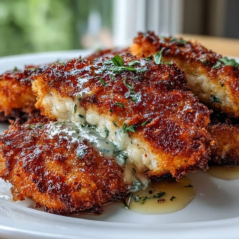 Bright lemon butter sauce being spooned over a crispy Parmesan-crusted chicken breast for a family dinner.