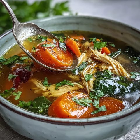 Fragrant Anti-Inflammatory Turmeric Chicken Soup is garnished with fresh cilantro and lemon.