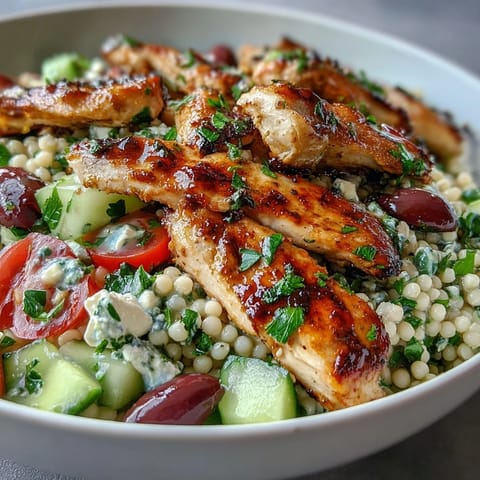 A close-up of Mediterranean Pearl Couscous Chicken Bowls reveals fluffy couscous salad topped with golden-brown chicken and crumbled feta.
