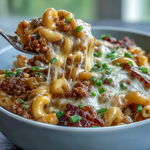 Cheesy One-Pan Cheeseburger Chili Mac with ground beef and pasta, served straight from the skillet.