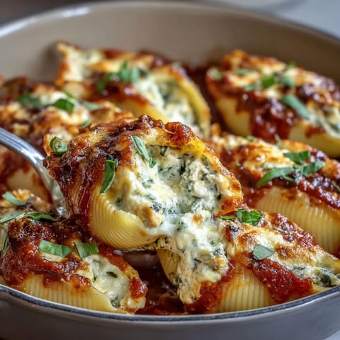 Tender jumbo pasta shells stuffed with creamy pesto chicken filling, served with marinara sauce on a rustic table.