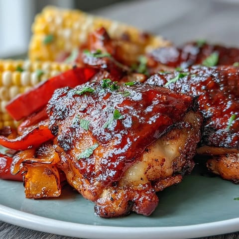 Juicy bone-in chicken thighs with charred corn on the cob and vibrant bell peppers on a single sheet pan.