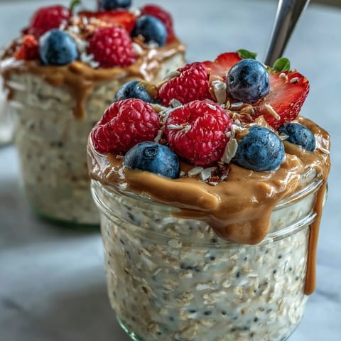 Clean Eating Berry Overnight Oats with Almond Butter Swirl layered with juicy berries and a nutty almond butter swirl, ready to enjoy chilled.