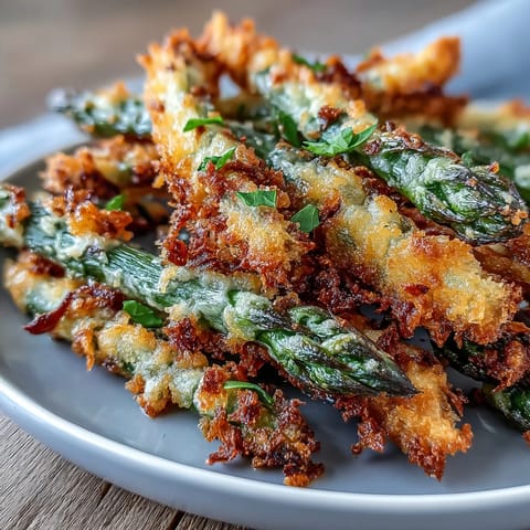 Crispy chili-garlic asparagus fries baked golden and served with zesty sriracha mayo dip.  