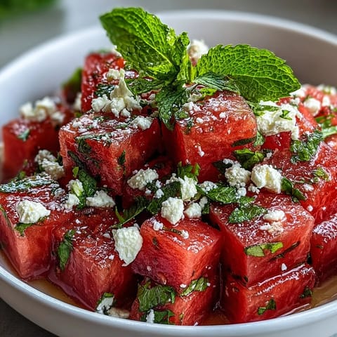 A vibrant 5-Ingredient Watermelon Feta Mint Salad with juicy cubes, creamy cheese, and fresh mint leaves.