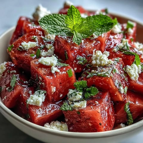 Refreshing summer salad of watermelon, feta, and mint, drizzled with olive oil and lime juice for brightness.