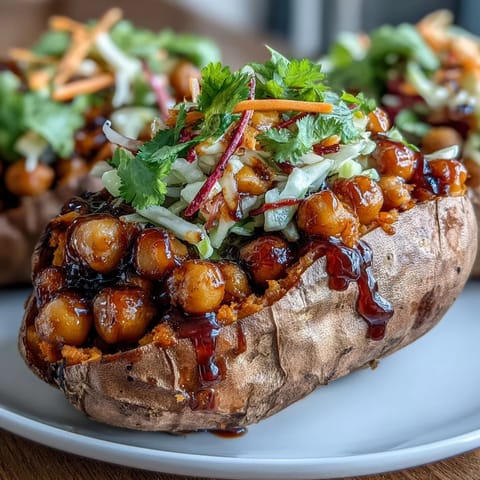 Vegan BBQ Chickpea Stuffed Sweet Potatoes with Slaw - tender roasted sweet potatoes loaded with smoky BBQ chickpeas and topped with crisp, tangy slaw for a hearty plant-based dinner.