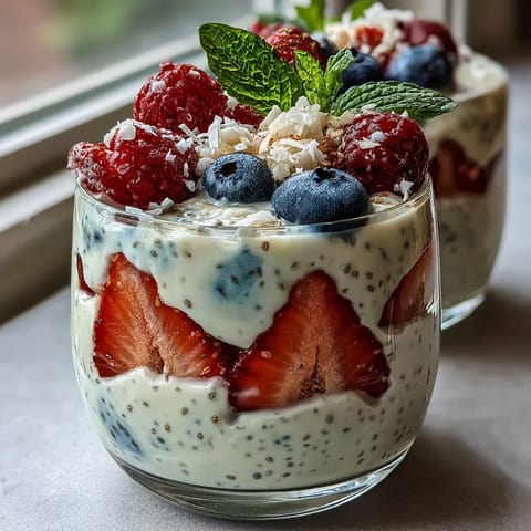 Vibrant Summer Berry Chia Pudding Cups with fresh strawberries, blueberries, and raspberries layered over creamy vanilla chia pudding.  