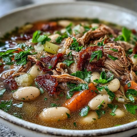 Rich Southern-style white bean soup featuring slow-simmered ham hock, carrots, celery, and herbs for deep flavor.  