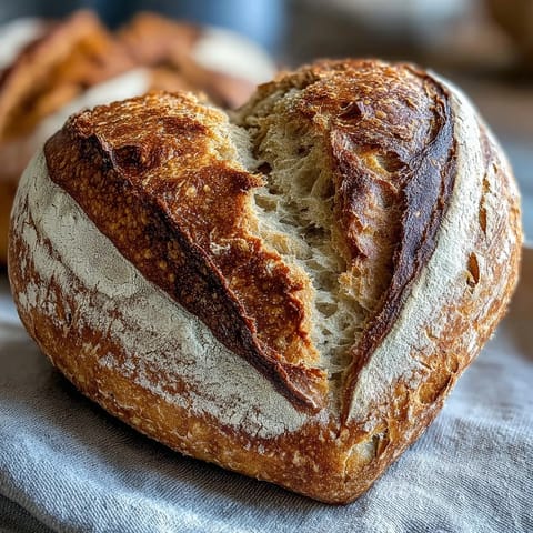 Heart-shaped sourdough bread with crisp crust and artistic flour patterns, perfect for Valentines Day or special occasions.  