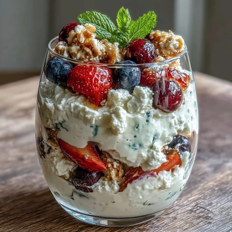 Cottage cheese berry parfait with granola, a protein-rich breakfast layered with fresh strawberries, blueberries, and crunchy granola.
