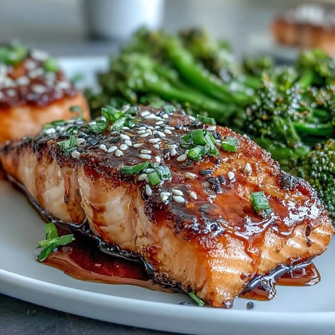 Oven-roasted salmon with a glossy honey soy glaze, paired with vibrant sesame broccoli florets for a balanced Asian-inspired meal.  