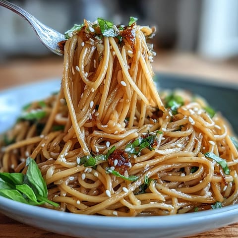 Vibrant Asian ginger scallion noodles with sautéed greens, tossed in a fragrant, savory sauce and topped with crisp vegetables.  