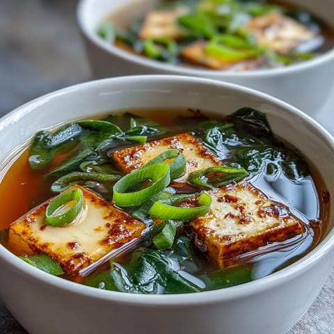 Creamy tofu cubes, wilted spinach, and fresh green onions float in a fragrant miso soup.  