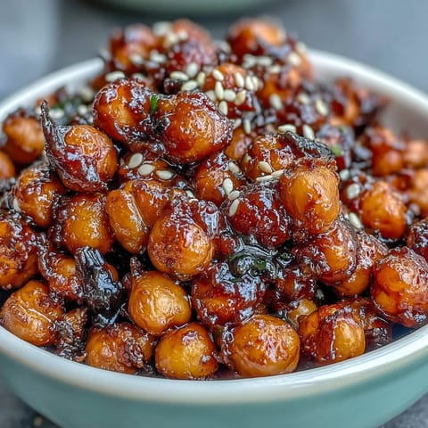 Spicy roasted chickpeas tossed in chili garlic sauce, served over fluffy jasmine rice for a vegan meal.  
