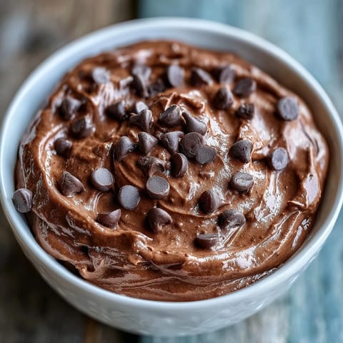 A creamy cottage cheese brownie batter dip served with fresh strawberries, apple, banana, and grape slices for dipping.
