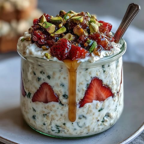 Creamy overnight oats with fresh strawberries, crunchy pistachios, and a drizzle of golden honey for a wholesome breakfast.