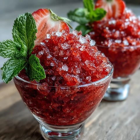 A refreshing strawberry lime daiquiri granita served in elegant dessert cups, perfect for summer parties and warm evenings.