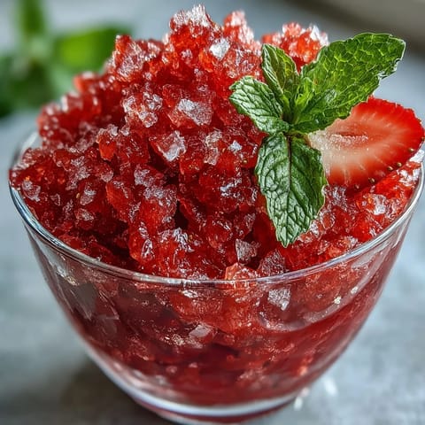 Fluffy strawberry lime daiquiri granita with vibrant red color, garnished with fresh mint leaves and lime wedges for a festive look.