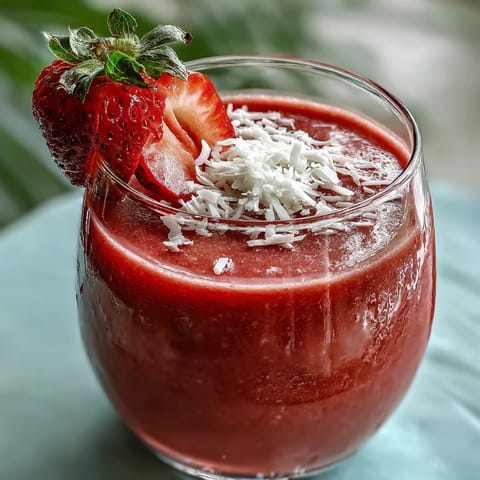 Refreshing strawberry coconut daiquiri smoothie in tall glasses garnished with fresh strawberries and shredded coconut, perfect for a tropical-inspired breakfast or snack.