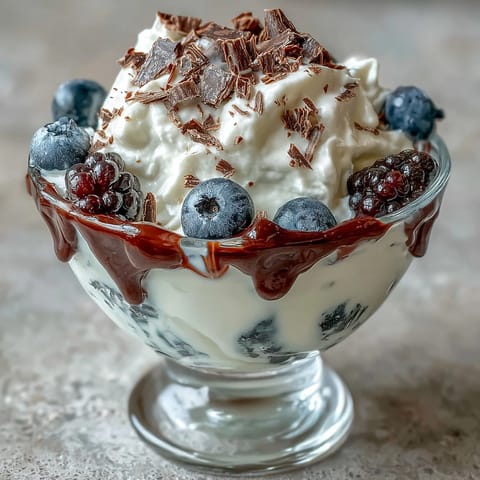 Fluffy Yogurt Berry Sundaes with Dark Chocolate Shavings topped with fresh mint leaves.  