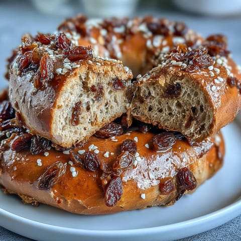 High-protein bagels made with vanilla whey, Greek yogurt, and juicy raisins, baked golden and aromatic with cinnamon spice.  