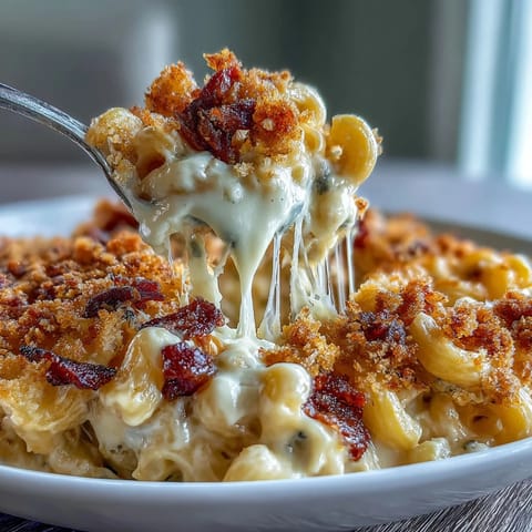Golden baked macaroni and cheese with smoky bacon crumb topping, creamy cheese sauce coating tender pasta.