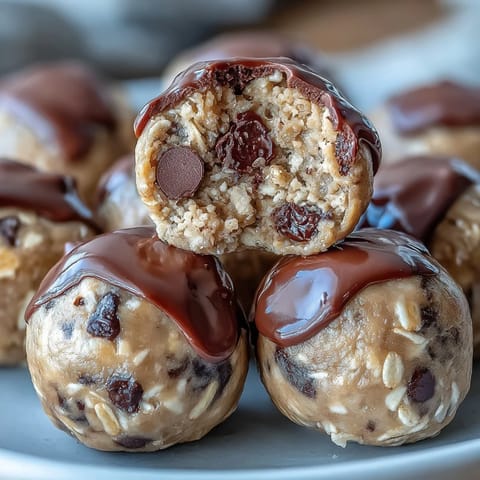 Creamy peanut butter and dark chocolate chip energy balls, perfect for on-the-go snacking or post-workout fuel.  