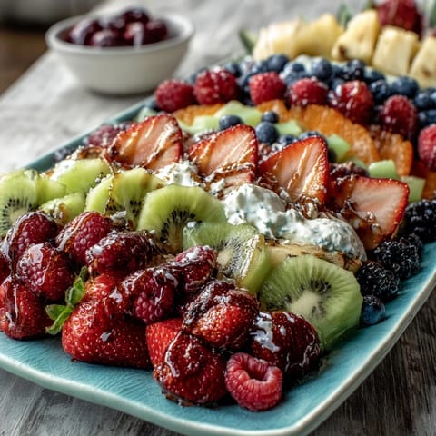 Vibrant fruit platter arranged in a blooming floral design with strawberries, kiwi, and melon, served with creamy honey-yogurt dip for baby showers.