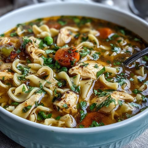 A steaming bowl of Chicken Run One-Pot Chicken Noodle Soup with tender chicken, fresh vegetables, and egg noodles in savory broth.